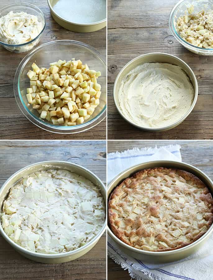 apples being prepared, a cake pan with batter on top, apples on top, and then a baked apple cake in a round pan