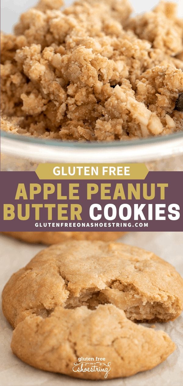 Apple peanut butter cookie dough in a bowl, and cookies baked on a tray, one broken in half