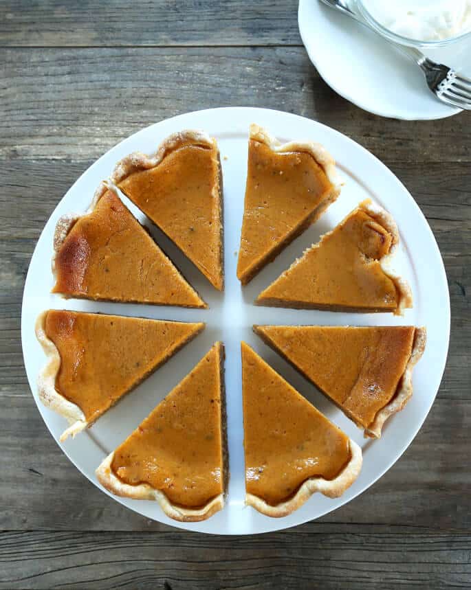 Overhead view of a pumpkin pie with 8 slices 