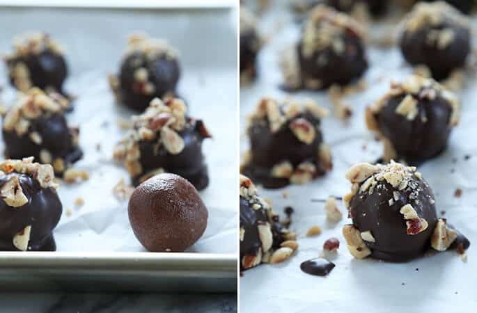 Hazelnut chocolates on a white tray