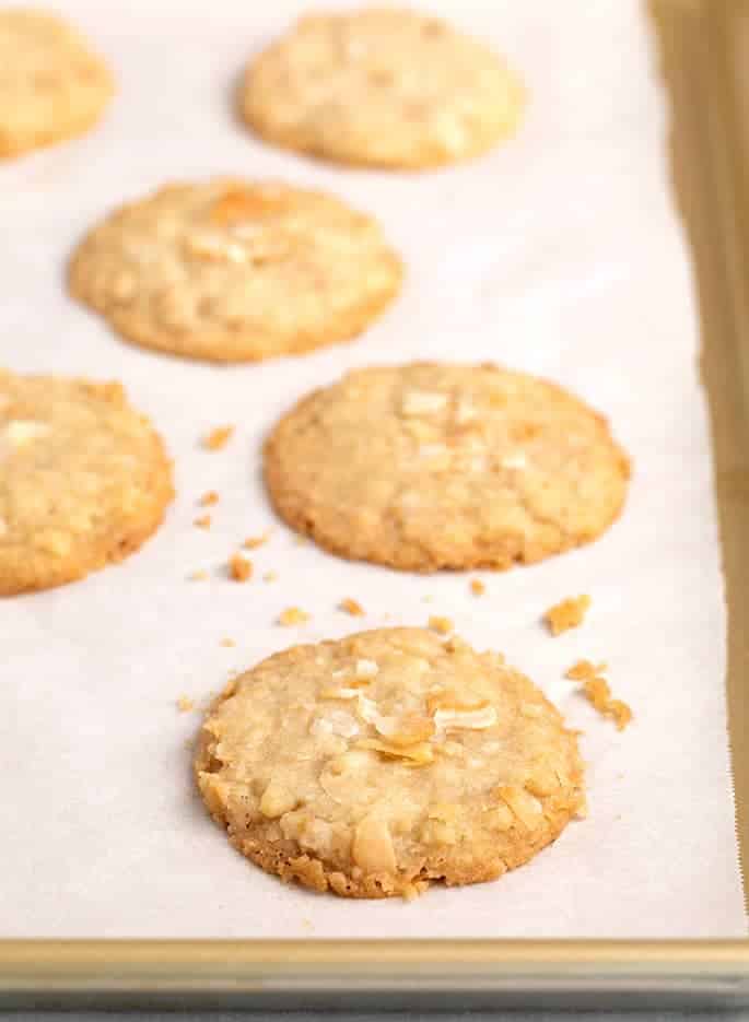 Left side of tray with baked coconut cookies