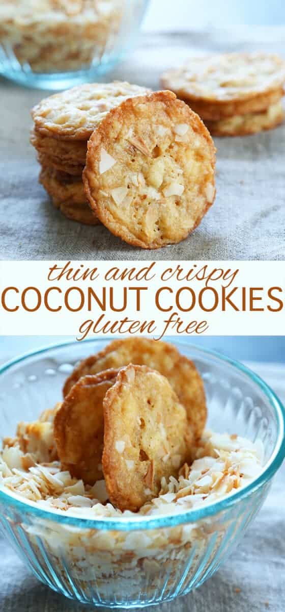 A stack of coconut cookies on gray surface and coconut cookies in a bowl with coconut chips