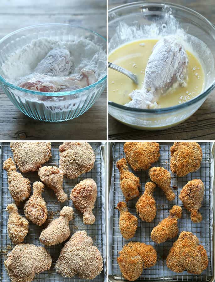 Chicken parts in white flour mixture, then in yellow buttermilk and egg mixture, then light brown unbaked on wire rack and darker brown baked on wire rack