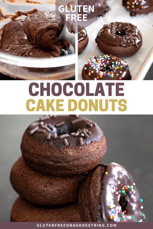 image of 3 chocolate cake donuts: batter, glazed on tray, and in a stack