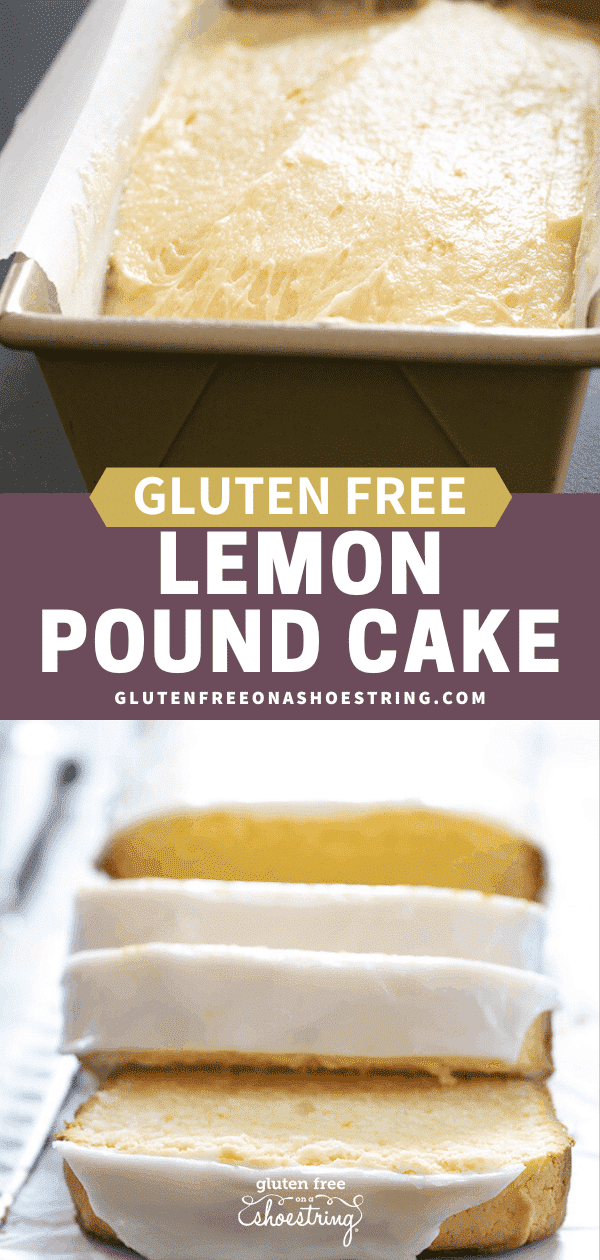 Two images of iced gluten free lemon pound cake, one raw and one finished and sliced.