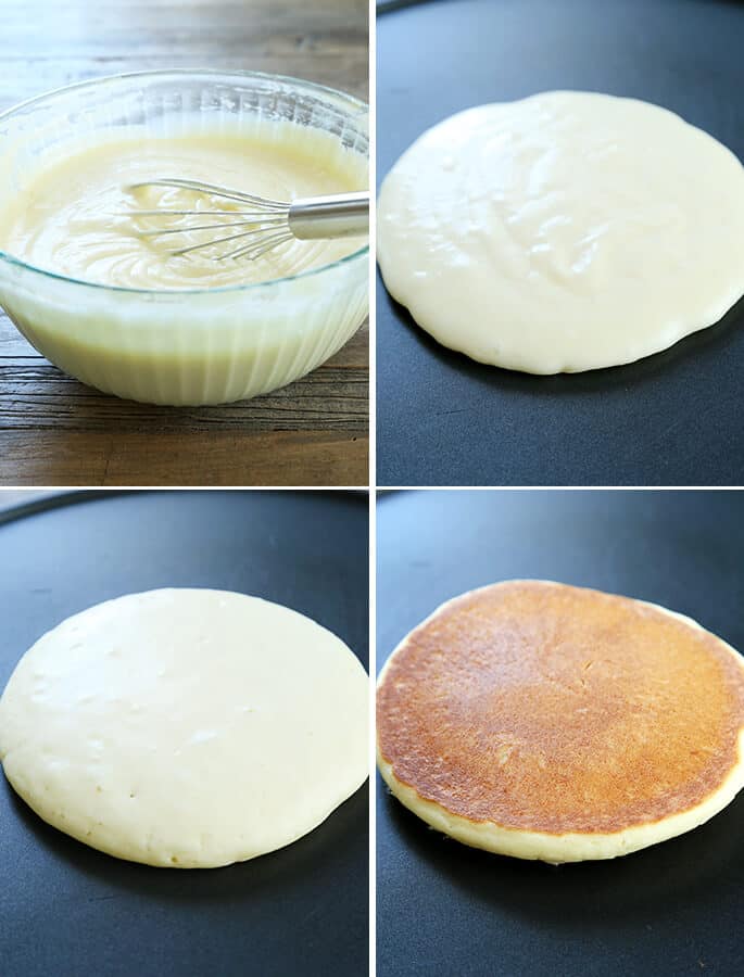 Pancake batter in a bowl, and pancake batter being cooked into pancake