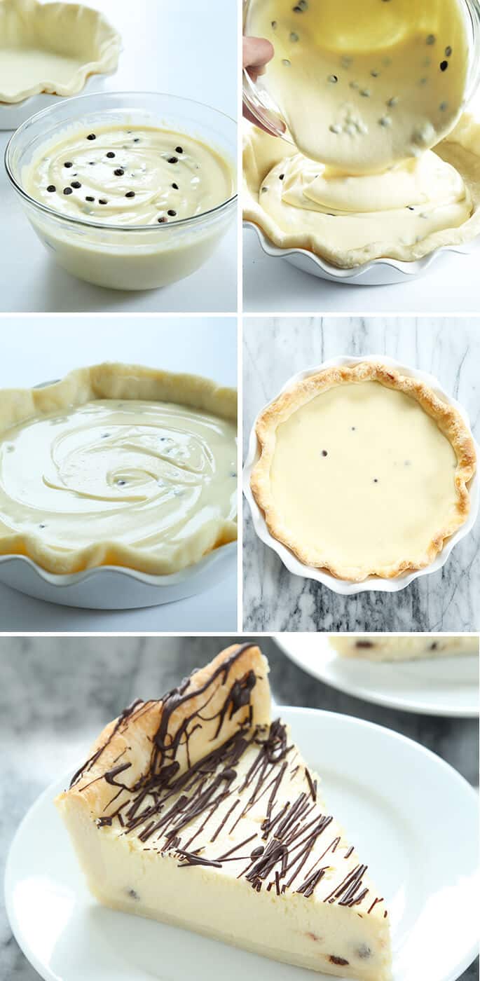 Overhead and side view of cannoli pie in white pie dish