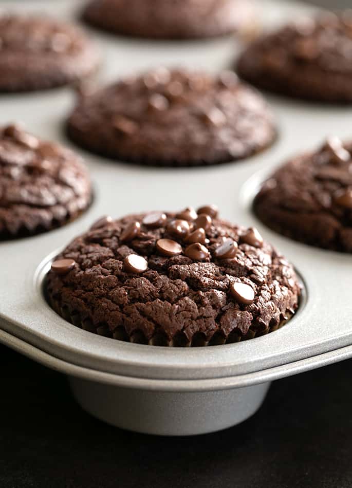 Flourless peanut butter chocolate muffins baked in tray