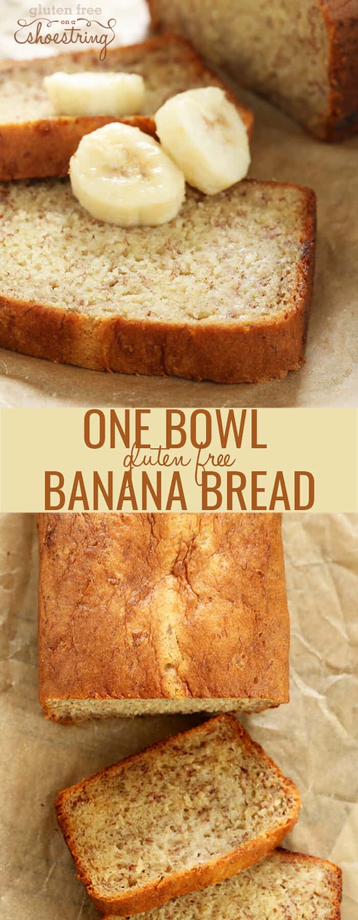 Overhead image of gluten free banana bread in a loaf and in slices