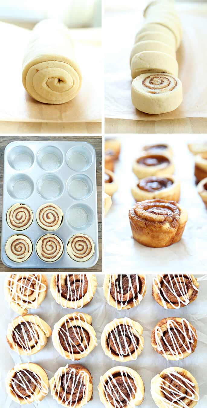 Cinnamon bun dough in muffin tray and cinnamon buns on white surface 