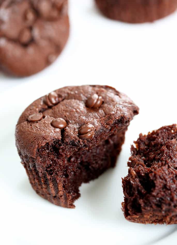 A broken flourless chocolate peanut butter muffin