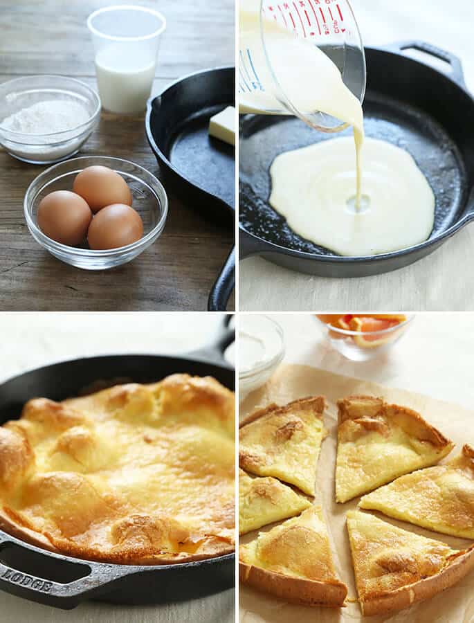 Bowl of eggs, batter poured into pan, large gluten free dutch baby on pan and counter