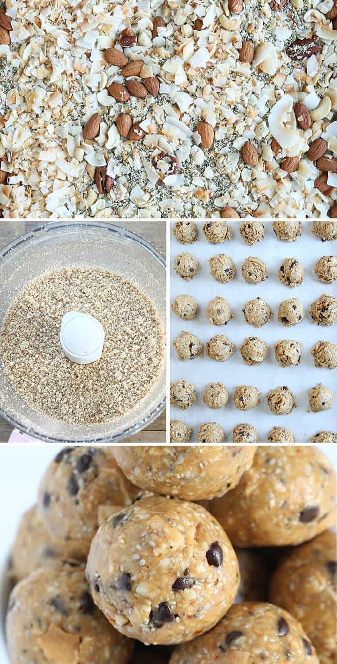 Grain free energy bites dry mixture on baking tray, mixed in food processor, and moistened protein balls shaped on white paper 