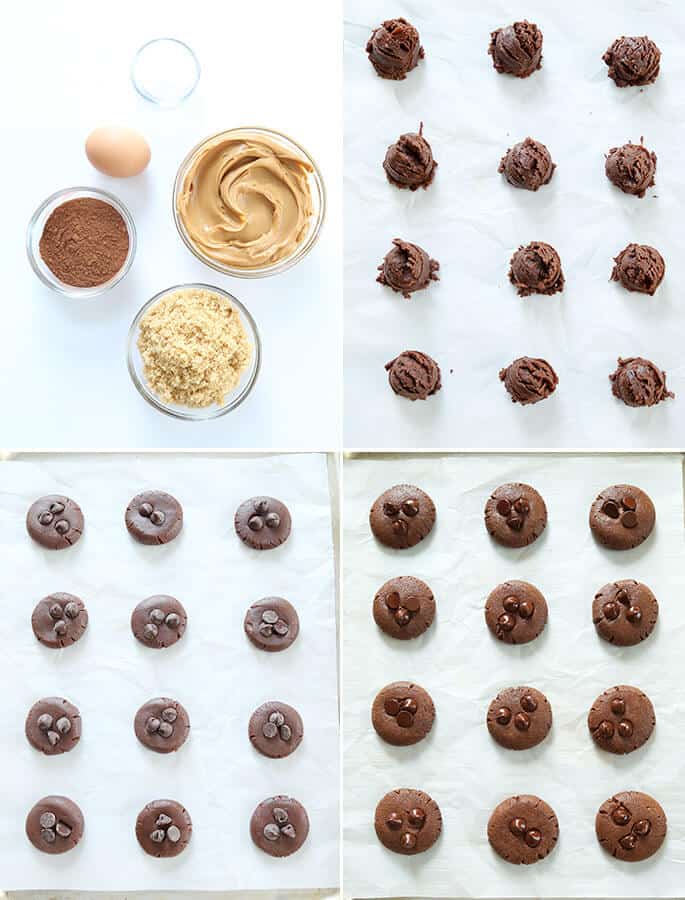 Ingredients for chocolate flourless peanut butter cookies, raw batter for the cookies, and cookies as baked on a tray