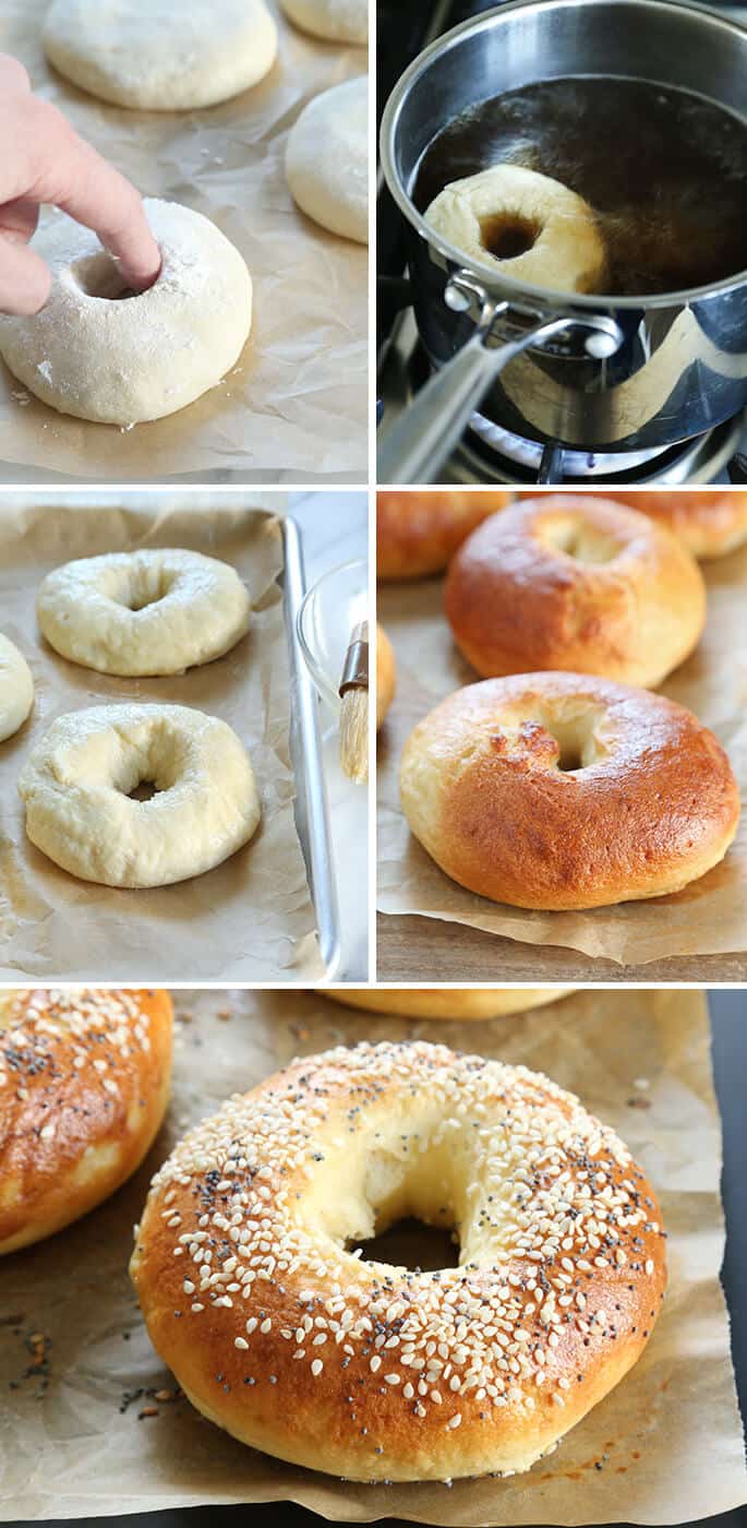 Bagel dough on parchment paper and bagels on parchment paper