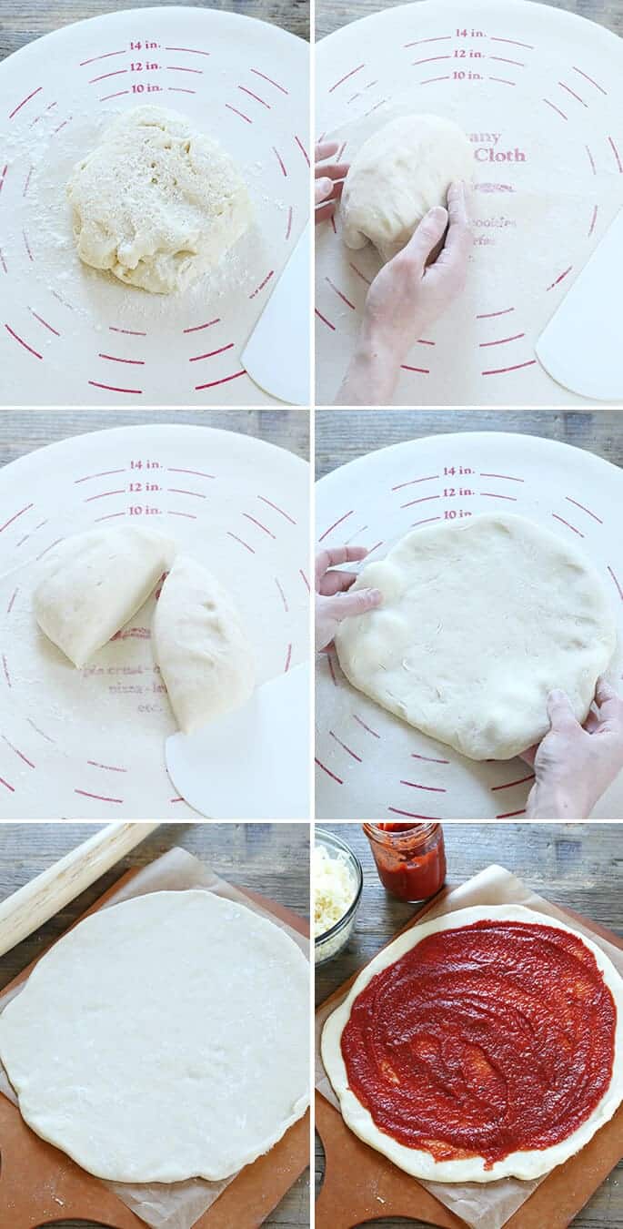 Pizza dough being kneaded and shaped on white surface 