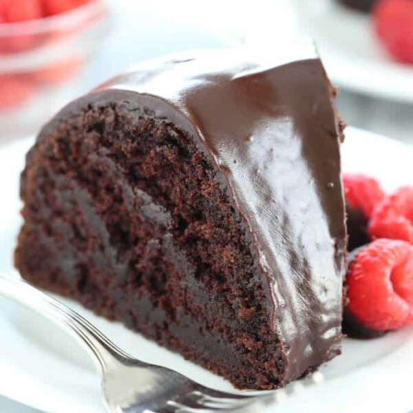 A close up of a slice of chocolate bundt cake