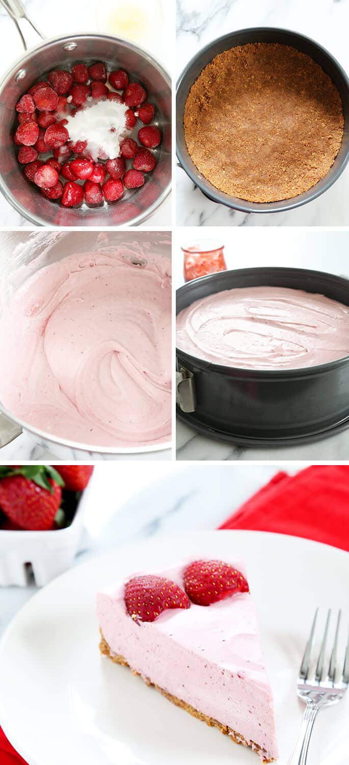 Gluten free strawberry cheesecake being made, and in a pan, then sliced.