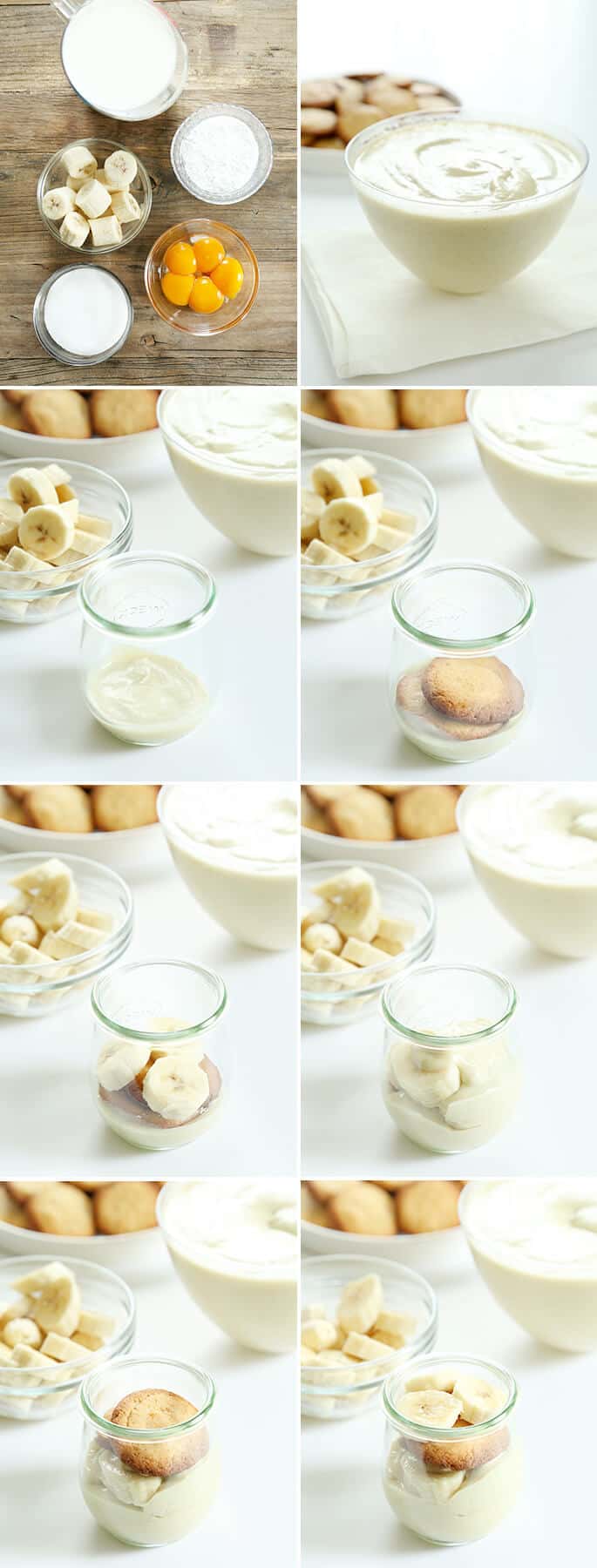 Banana pudding being assembled in jar on white surface