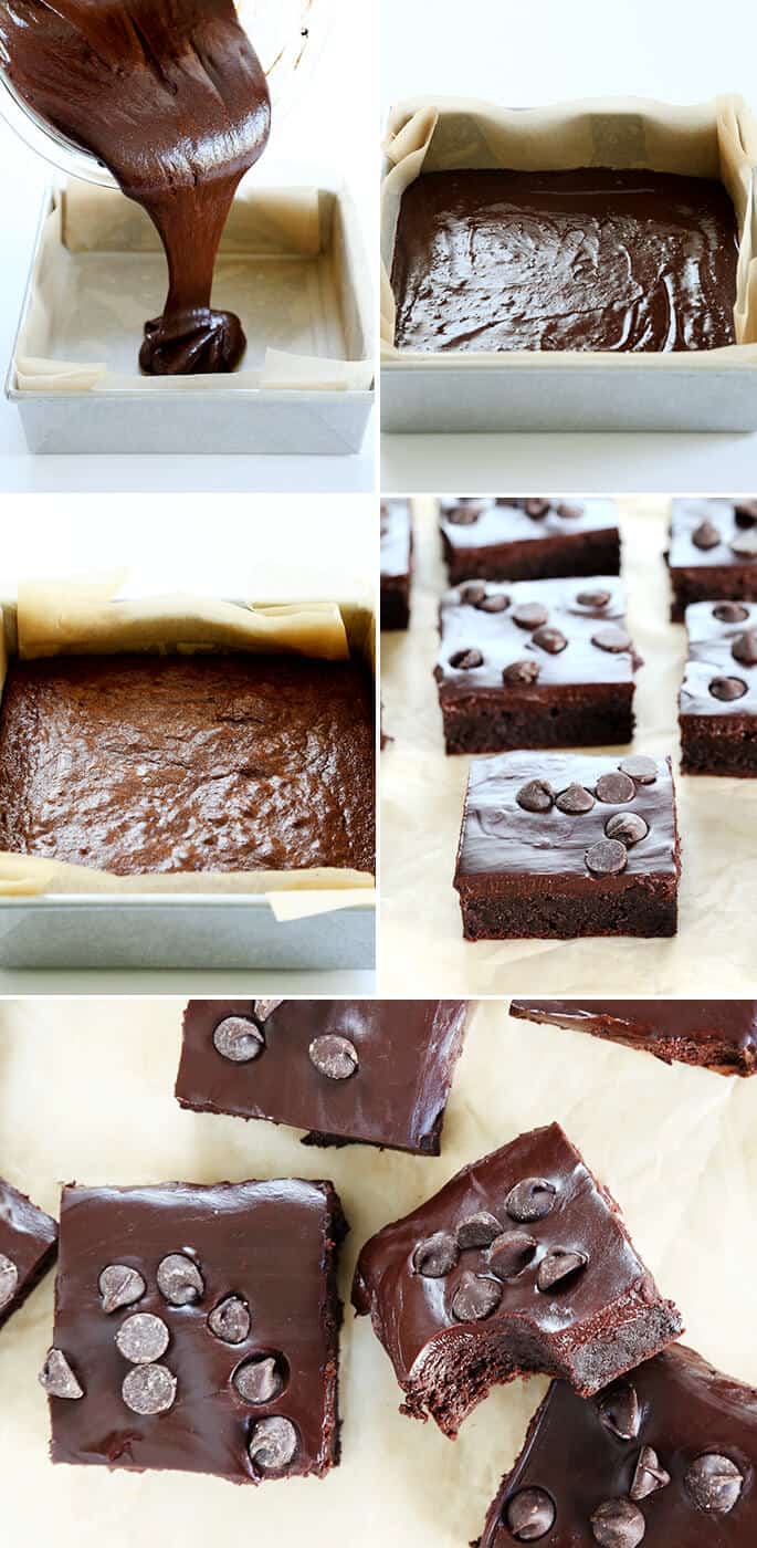 Raw brownie batter pouring from a pan into a lined metal square baking pan, the pan with smoothed batter, brownies baked in a pan, then cut brownies with a ganache topping