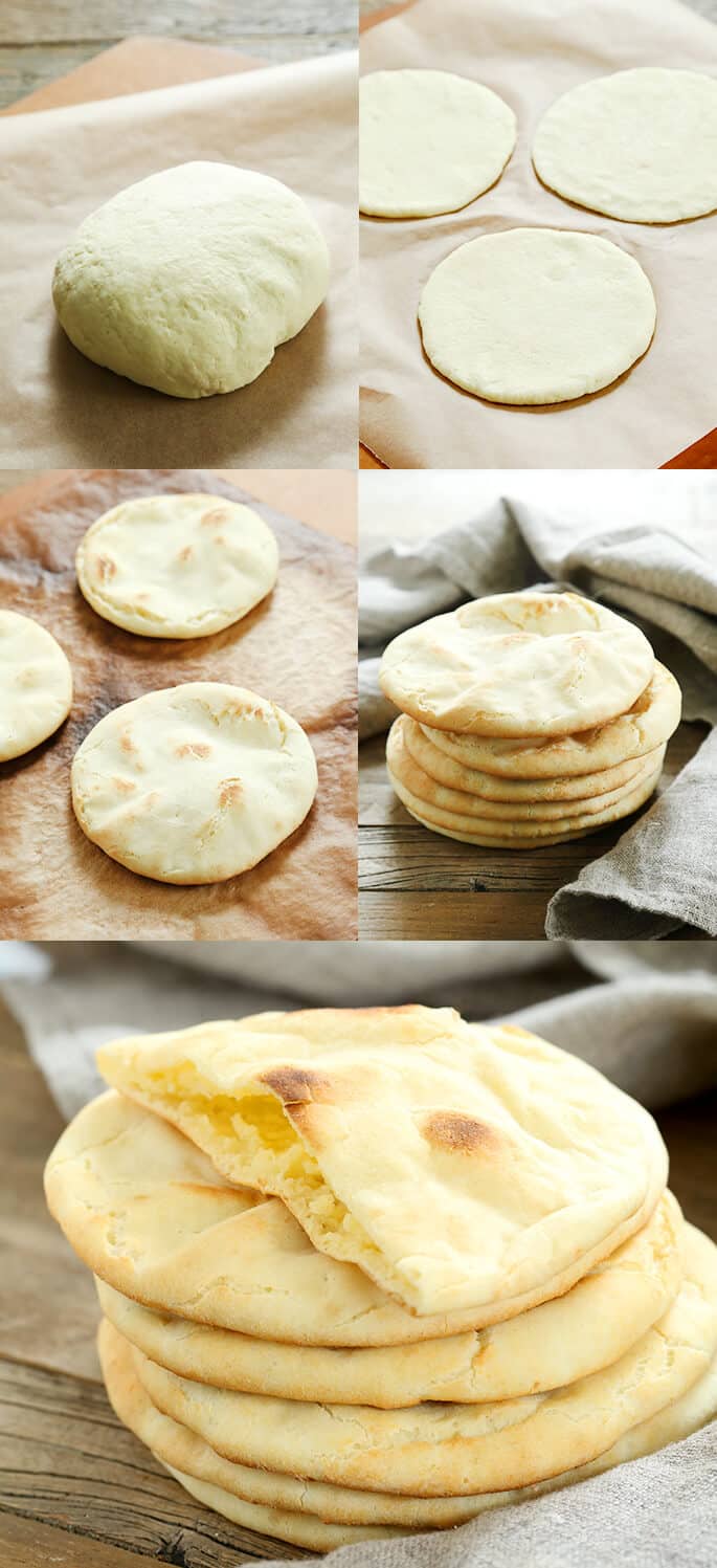 Pia bread on a brown surface, pita bread stack on a wooden surface, and a close up of a stack of pita bread