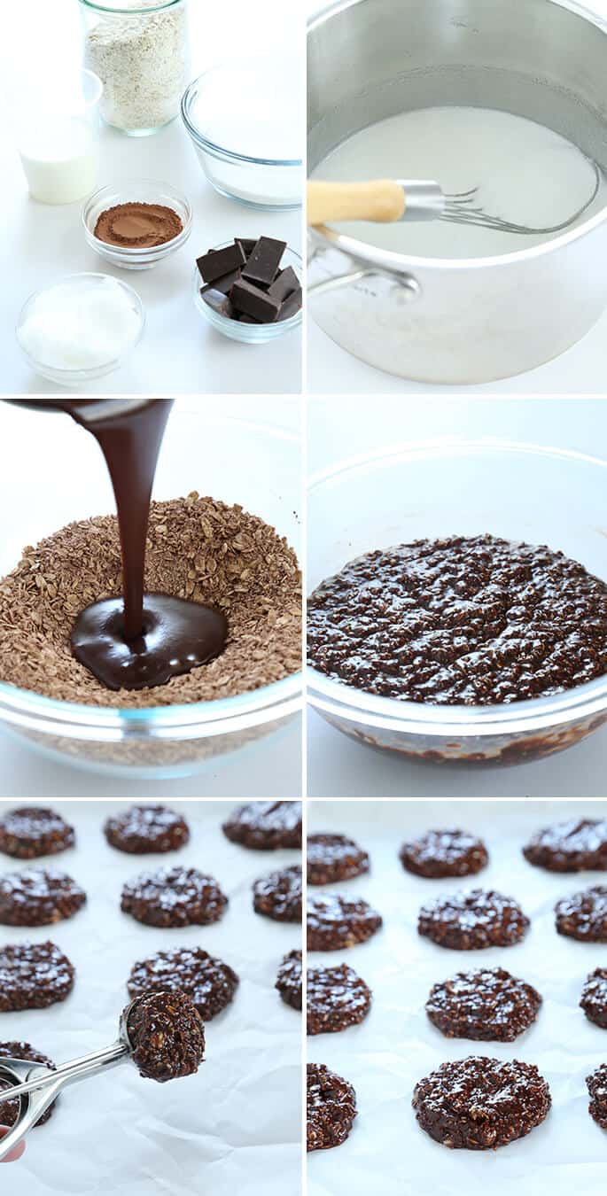 Ingredients for no bake oatmeal cookies, chocolate being poured into a bowl, raw cookie dough in a bowl, and cookie portions on white paper