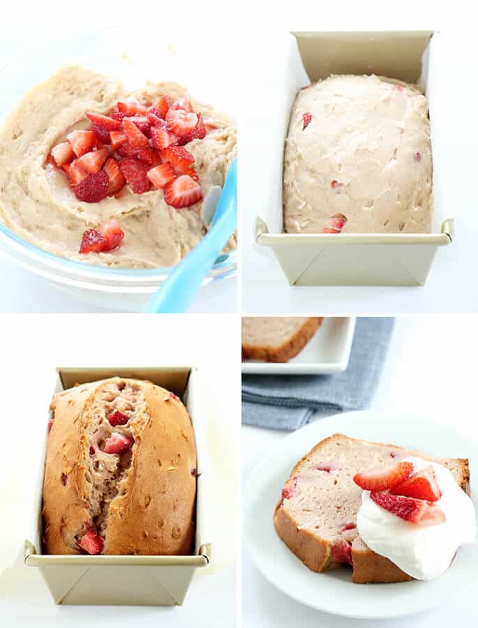 Strawberry bread dough in a bowl, strawberry bread dough in a laid pan, strawberry bread in a loaf pan, and a slice of strawberry bread on a white plate