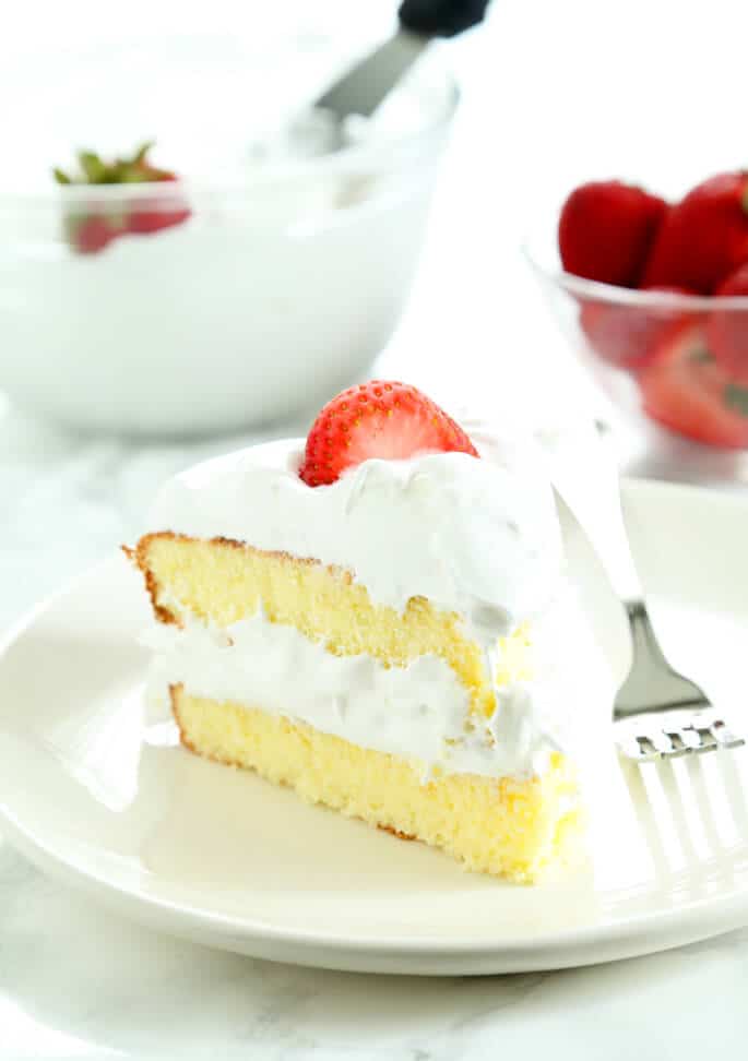 A piece of sponge cake on a white plate