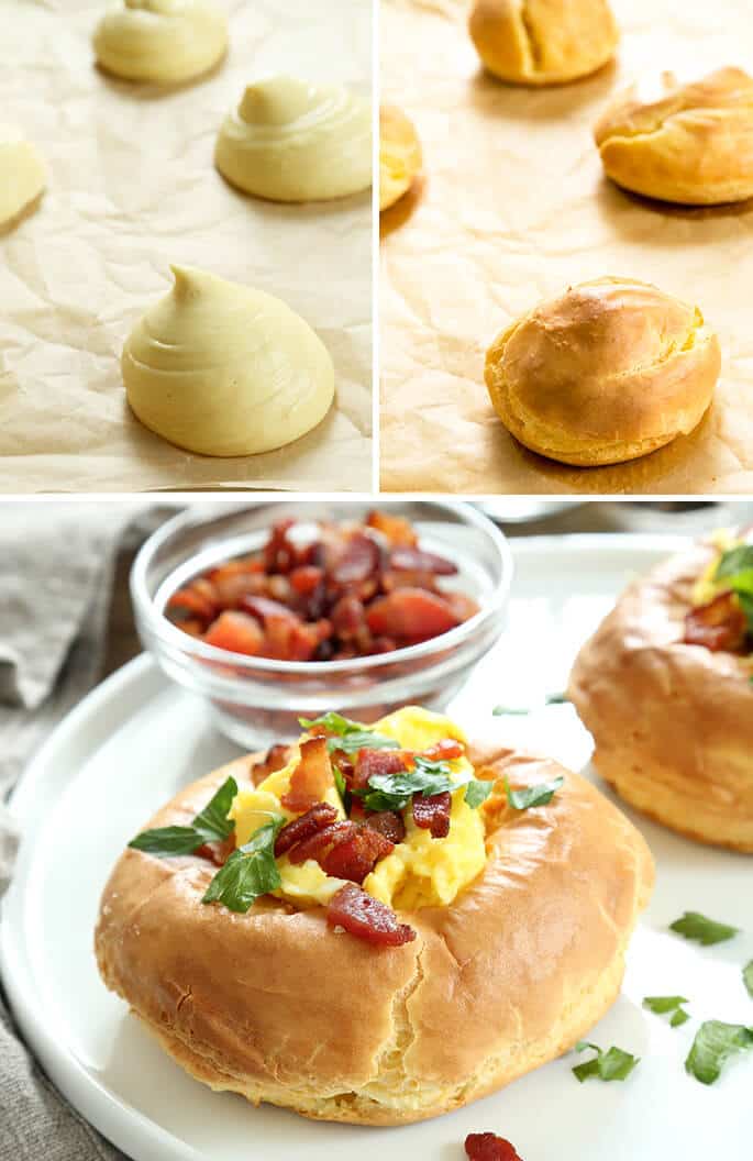 Breakfast puff dough on parchment paper, a breakfast puff on parchment paper, and 2 breakfast puffs with eggs and bacon bits on a white plate