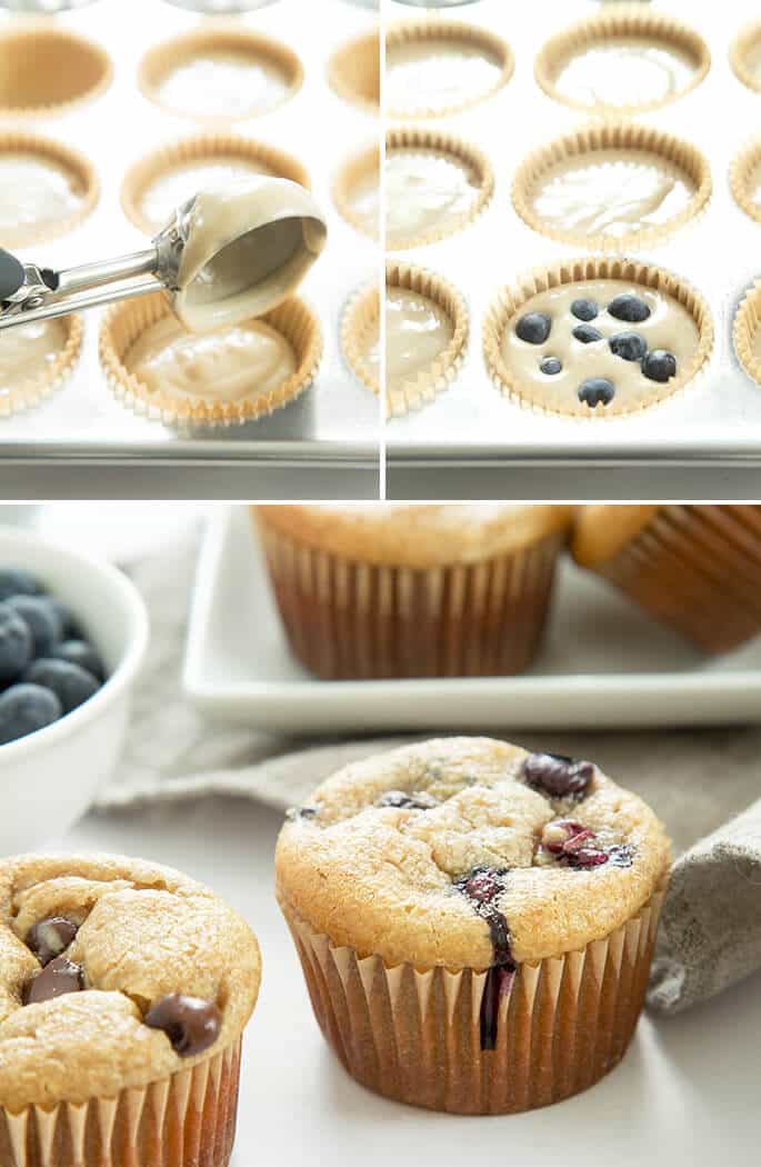 Muffin batter being scooped into muffin top, muffin batter with blueberries in muffin tin, and close up of muffins with blueberries on a gray towel 