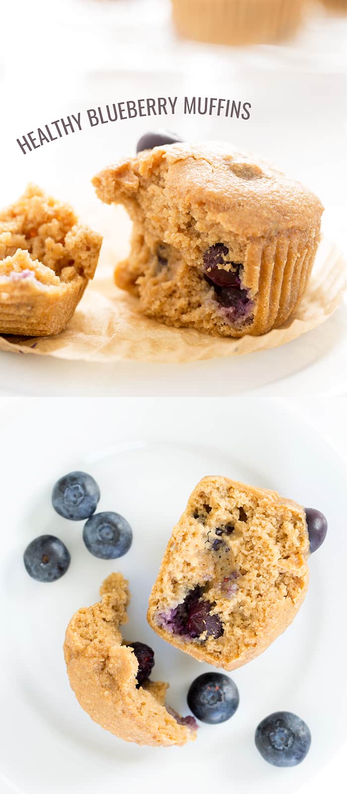 Closeup image of broken blueberry muffin and overhead image of broken blueberry muffin with more blueberries