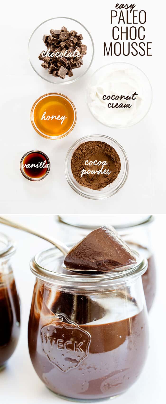 Overhead view of cocoa powder vanilla and honey in separate bowls and chocolate mousse in a jar being scooped out below