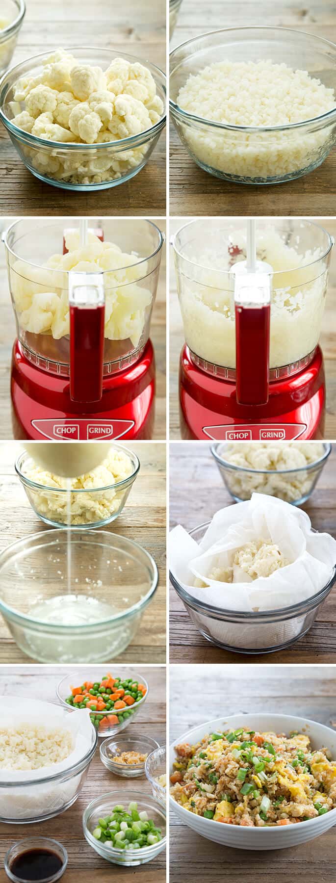 Cauliflower in a red food processor and cauliflower being placed in a bowl with white cloth