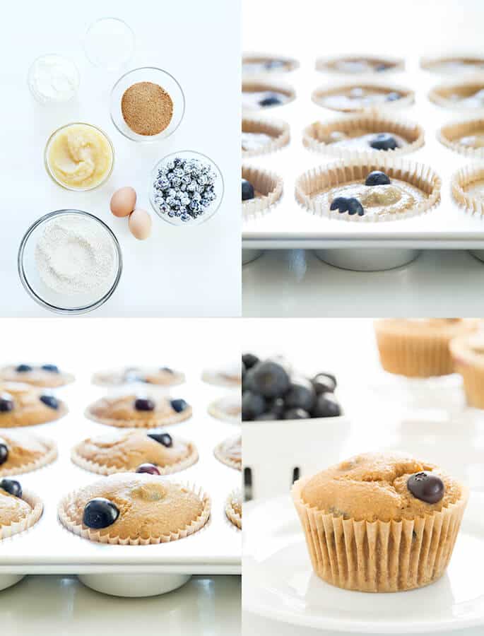 Healthy blueberry muffin ingredients, batter raw in muffin tin, baked in tin and baked on a plate