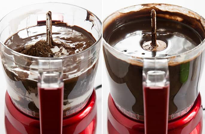 Chocolate mousse in a red food processor 