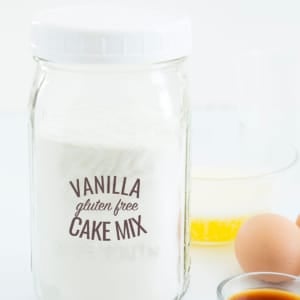 gluten free cake mix for vanilla cake in jar with label with egg and vanilla