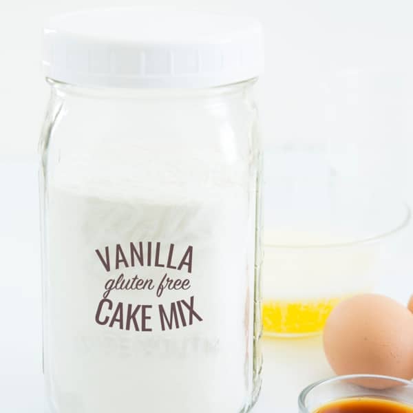 gluten free cake mix for vanilla cake in jar with label with egg and vanilla