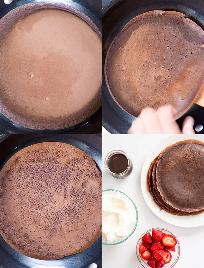 3 images of a chocolate crepe being cooked and an overhead view of crepes, bowl of whip cream, and a bowl of chocolate sauce on white surface 