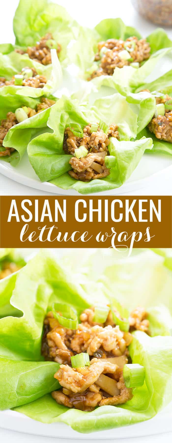 Asian lettuce chicken wraps on a white plate and lettuce below