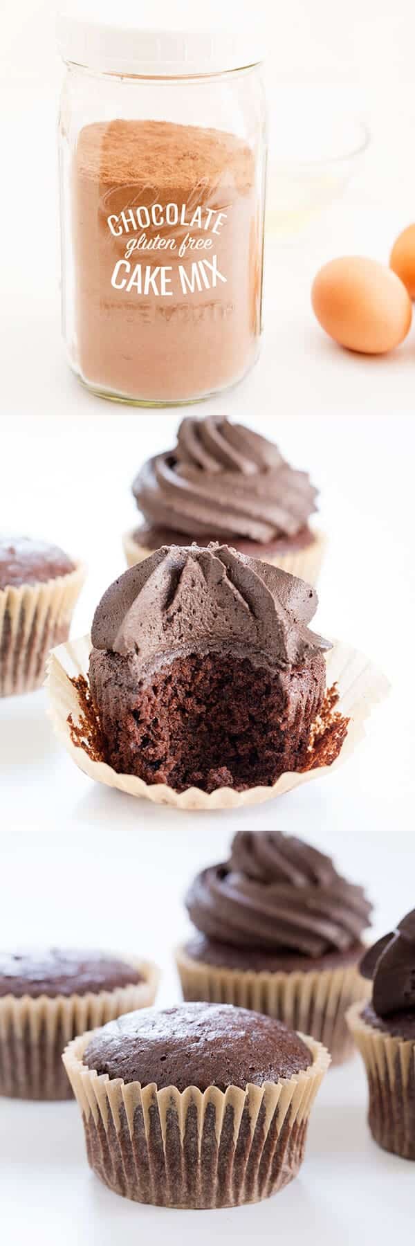 Close up of inside a chocolate frosted cupcake with 2 other chocolate cupcakes in back on white surface 