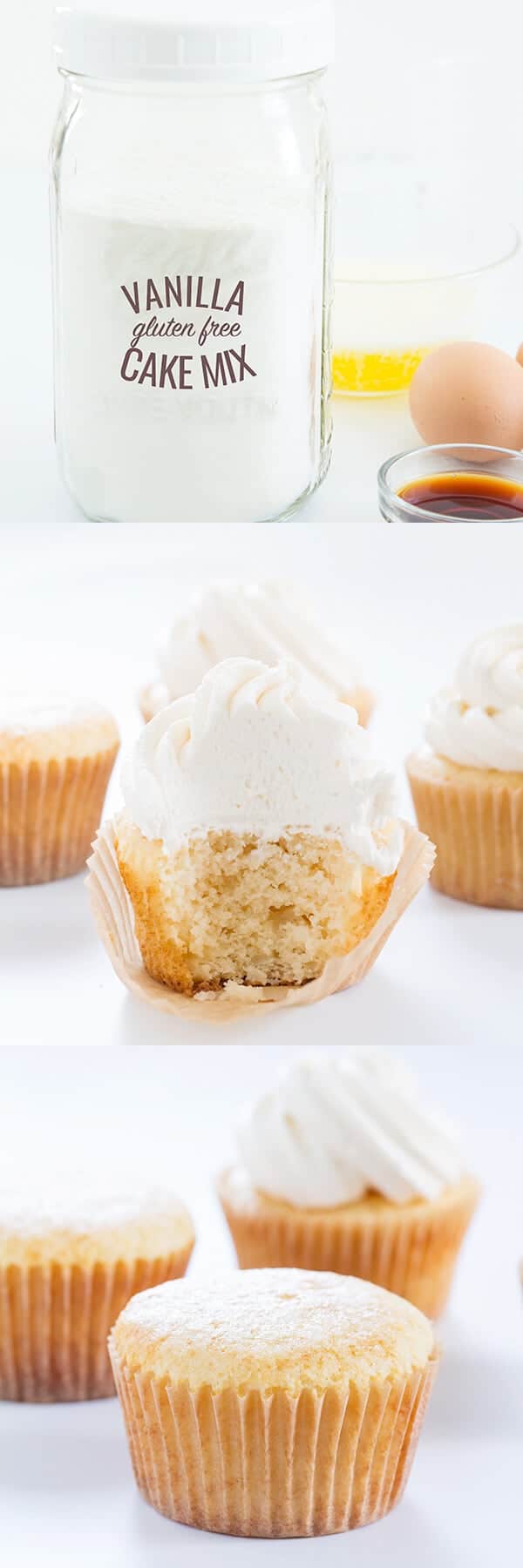 Inside of vanilla frosted cupcake with 3 other vanilla cupcakes in back on white surface 