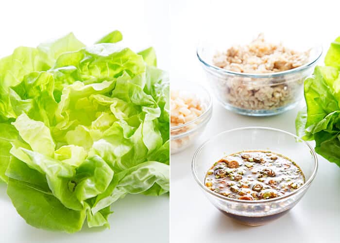 Lettuce on a white surface and bowls of ground chicken and sauce on a white surface 