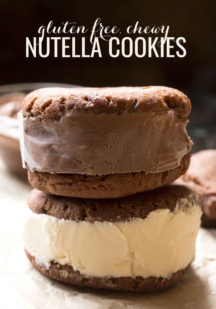 A close up of Nutella cookies with ice cream in between the cookies