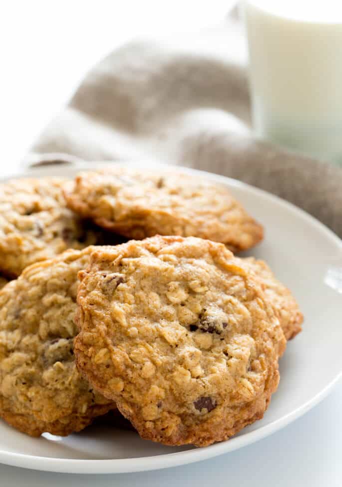 A closeup image of gluten free oatmeal cookies on a platter.