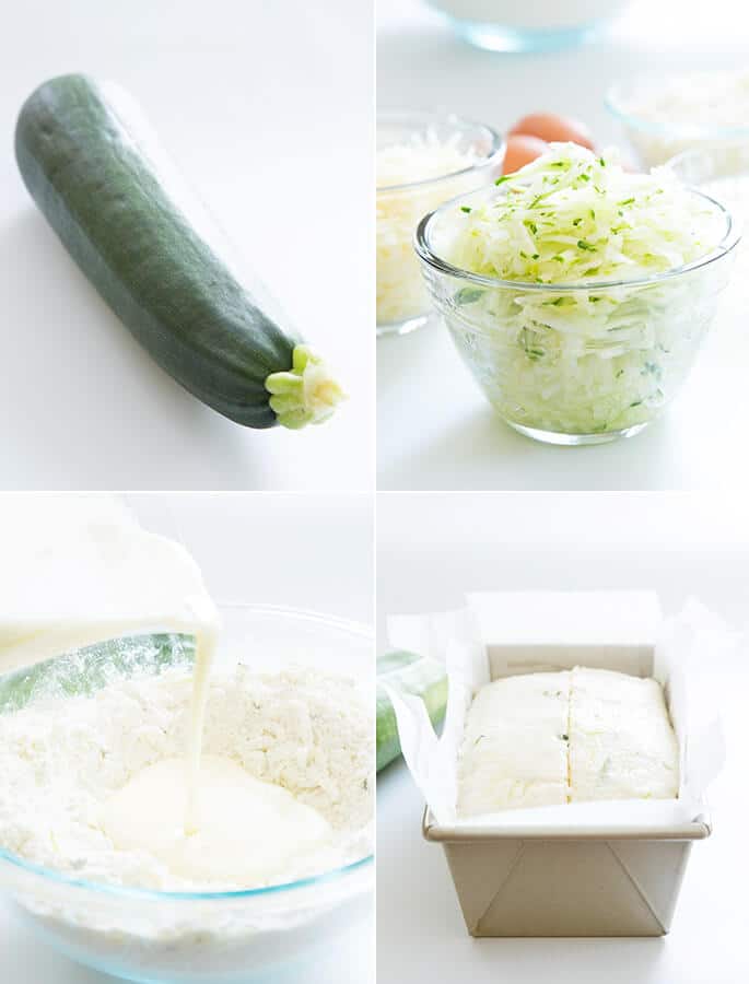 A zucchini on a white surface, a bowl of zucchini spreads on a white surface, a white mixture being poured into a bowl, and zucchini bread dough in a metal loaf pan