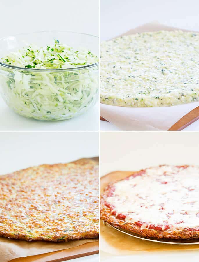 A bowl of shredded zucchini, a raw zucchini pizza, a baked pizza