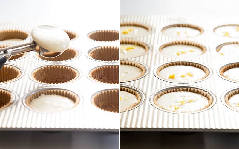 Cheesecake batter being poured into cupcake tins and cheesecake in cupcake tins