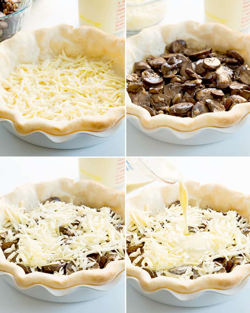 Pie crust with cheese, pie crust with mushrooms, pie crust with cheese and mushrooms, and pie curst with cheese mushrooms egg mixture being poured in 