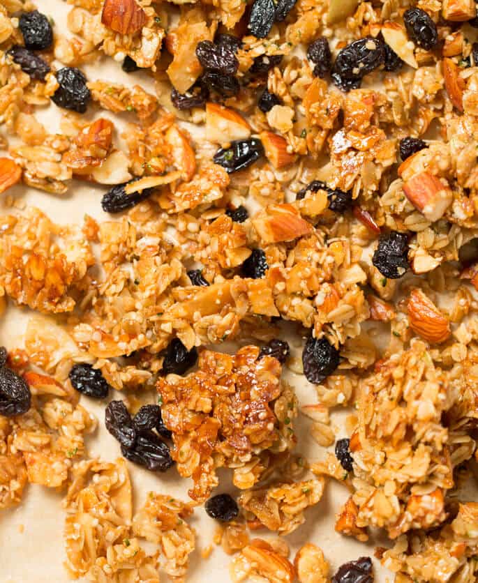 My favorite gluten free granola recipe, made with plenty of good olive oil, raw almonds, pumpkin and hemp seeds, coconut, maple syrup and oats. Make it your own, with your favorite nuts and seeds!