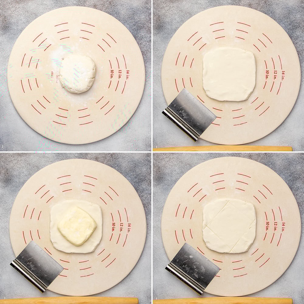 Light tan disk of the dough on light tan pastry board sprinkled with flour.